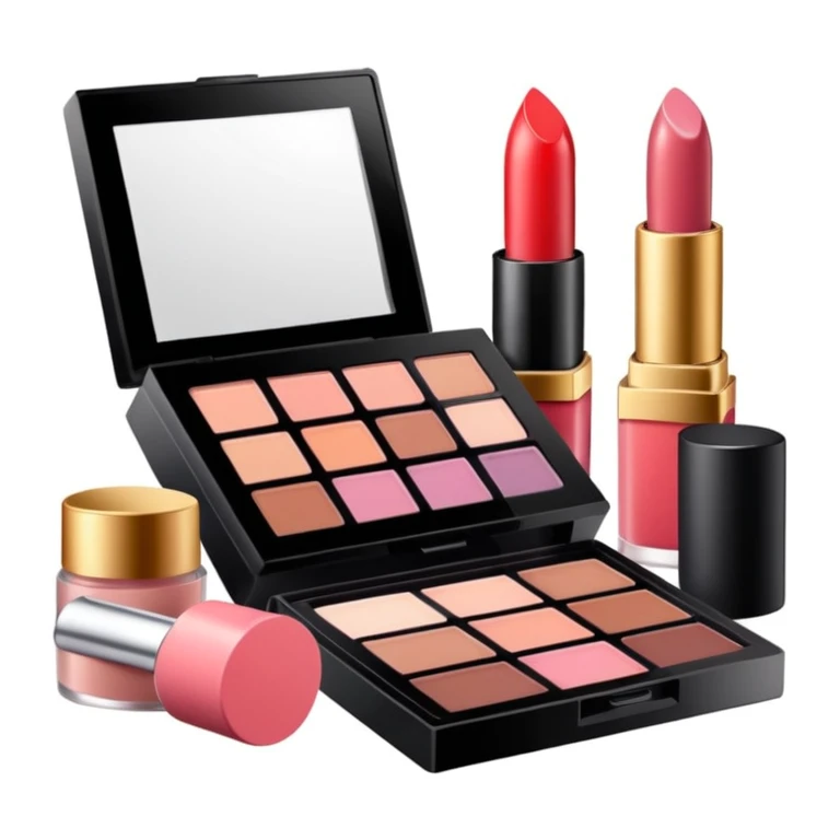 makeup products all together in one piece of png, lipstick, blush, powder, etc emoji
