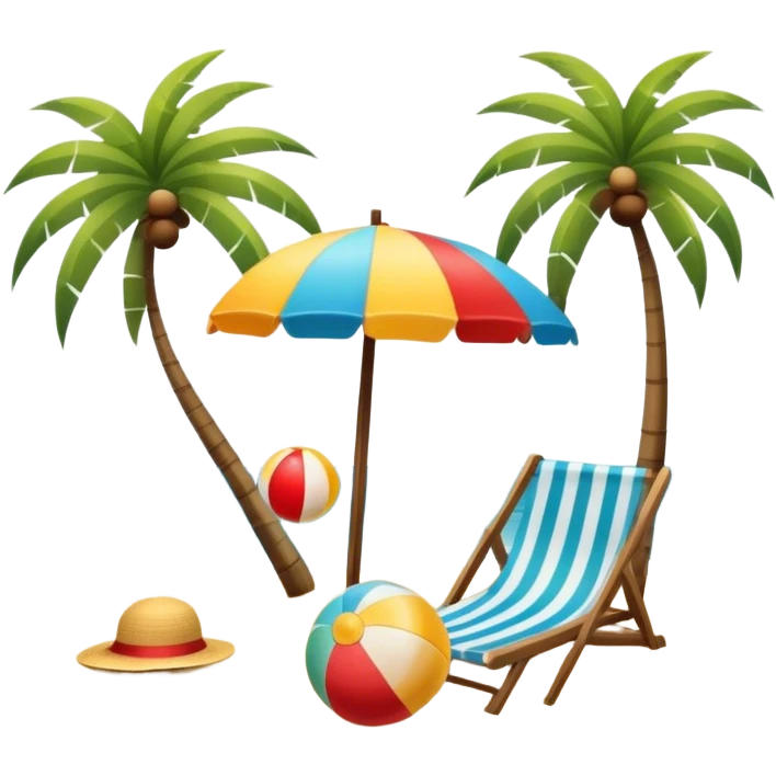 frameless Icon for Beach Tourism: a serene beach scene with palm trees, a sun hat, a beach ball, and the ocean in the background. The icon should capture the relaxing atmosphere of a beach vacation. Transparent background. emoji