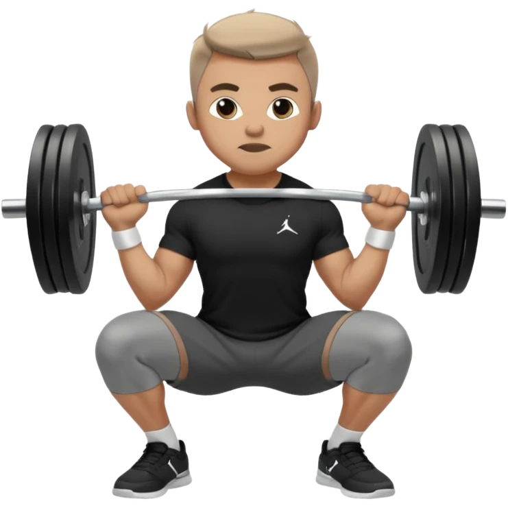 Hombre vestido con playera negra, pants gris y tenis blancos tipo jordan haciendo sentadilla libre con barra con un disco de 20 kilos por lado  emoji