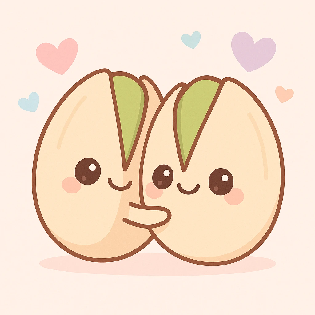 two pistachios with smiling faces, hugging, floating hearts, cute and charming style emoji
