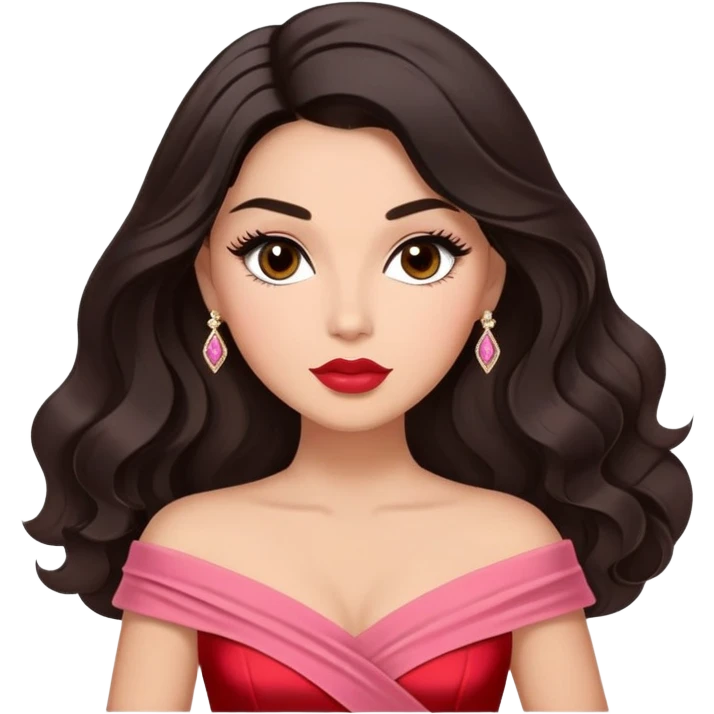 A woman with lighter almond-toned skin, voluminous dark hair in waves, expressive eyes with soft lashes and shimmer, full lips with a glossy nude-pink color, wearing a red dress and a white crossbody sash with “Miss San Juan” in black letters, exuding elegance and confidence. emoji