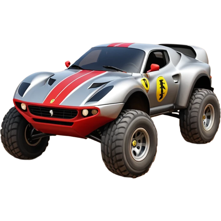 Satan’s and Vader (post race) Ferrari -colored Dirty and dented Local Motors Rally Fighter off road race car hot rod trophy truck-style basher flying on a dusty road (silver wheels) emoji