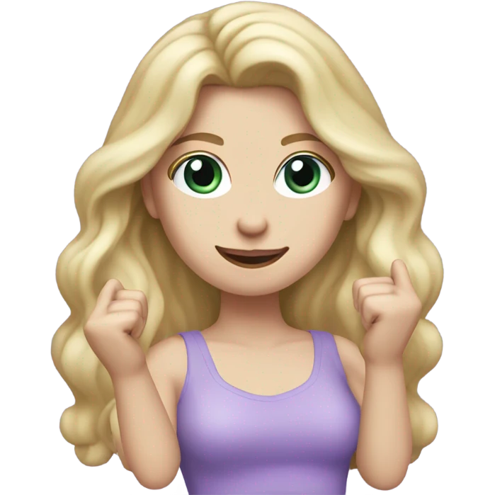 Woman, white skin, pale skin, long hair, blonde hair, wavy hair, lavender top, finger guns emoji