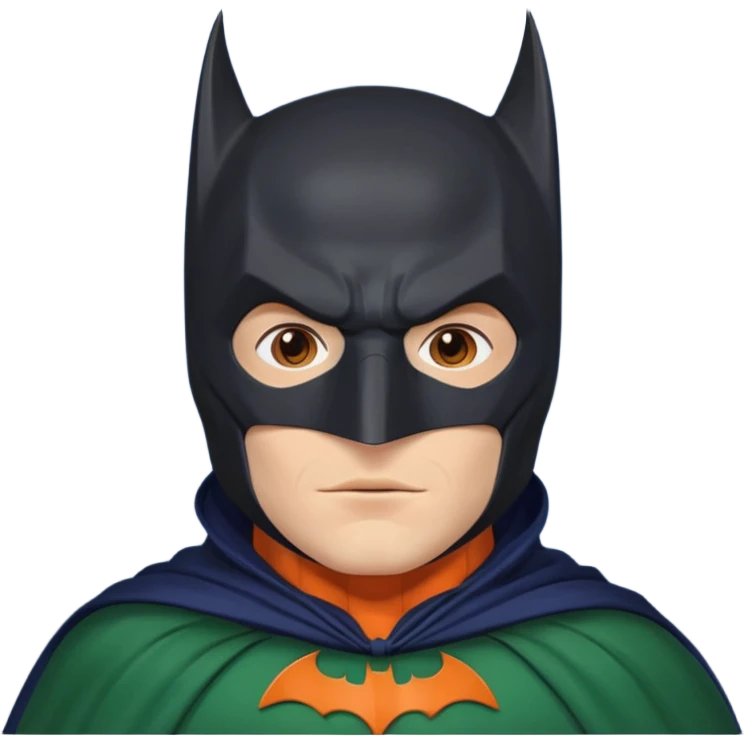 generate a batman emoji with just the face and neck showing and part of the cloak and and wings. Shade the bat logo on the chest in a medium green with a slight olive touch. Shade the mask in dark navy blue. Shade the cloak in a solid vibrant orange.

 emoji