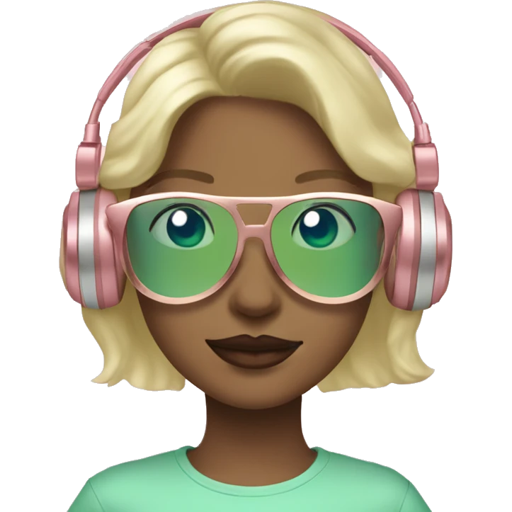 Girl with blonde hair, blue eyes, and pink lips with rose gold headphones on and light green translucent glasses on  emoji