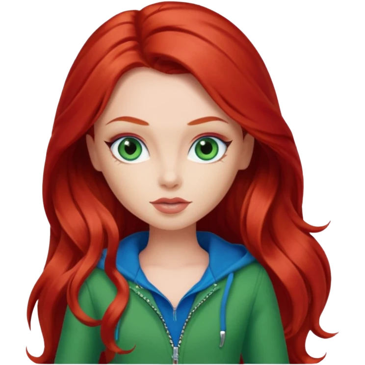 Bratz Meygan red long hair blue eyes, green outfit emoji