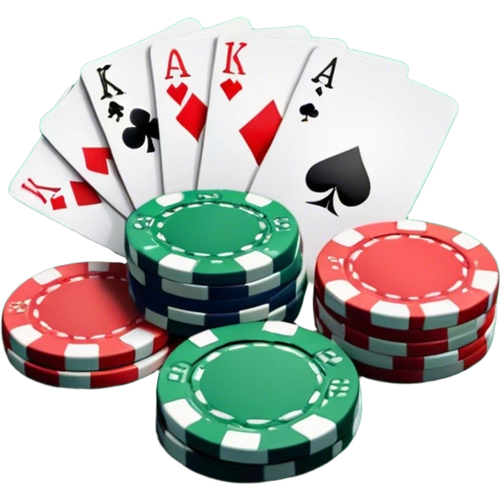 A photorealistic icon featuring playing cards and a stack of poker chips on a green felt table. Bright, detailed design with realistic textures and lighting. Transparent background, clearly symbolizing card games and strategy. emoji