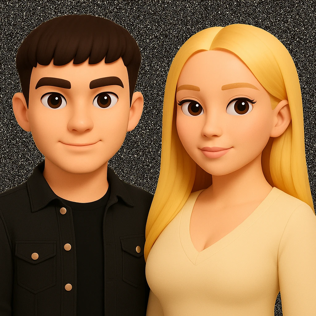 Slightly increase the volume of the upper body of the girl, separate the girl and the boy from each other, make the skin color the same for both characters, while preserving the cartoonish 3D style as in the reference image. emoji