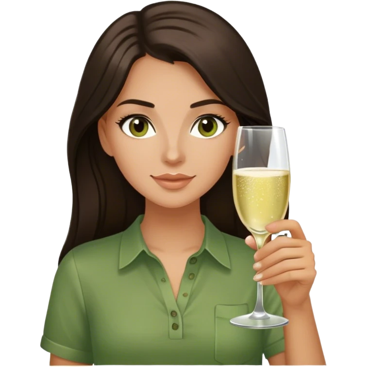 White girl with long dark brown hair and brown eyes and a green shirt with glass of champagne  emoji
