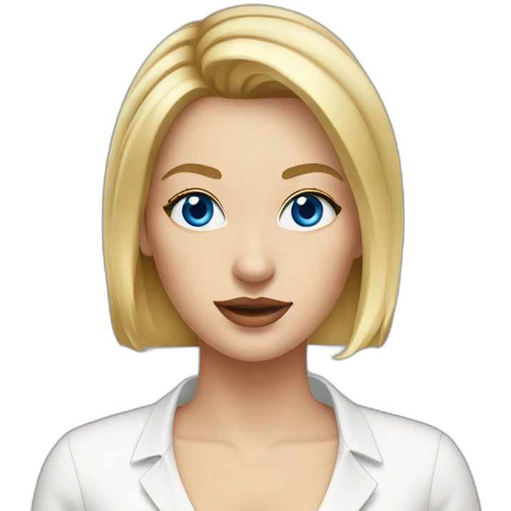 woman with blue eyes and bob blonde hair wearing a white button up and golden hoop earrings emoji