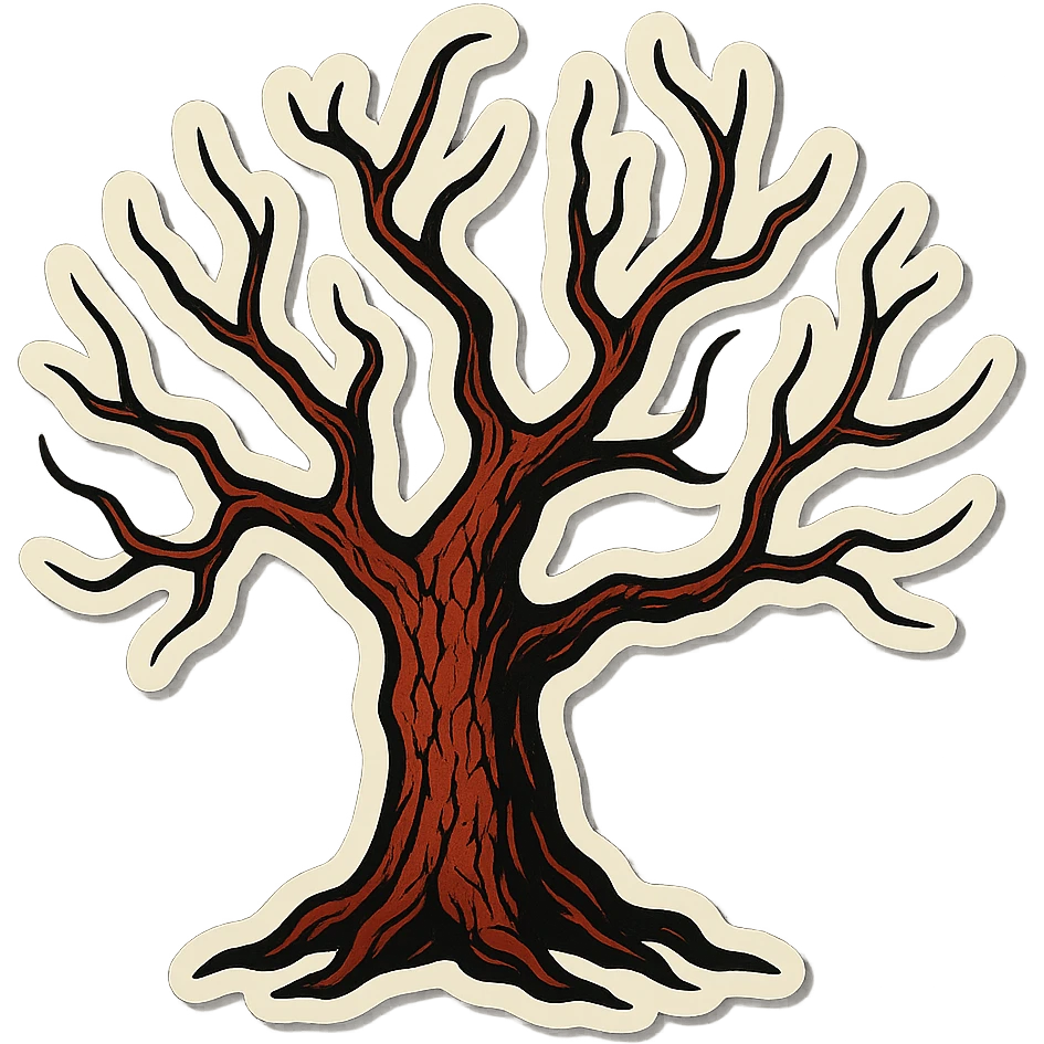very creepy old tree with elegant thin twisted branches, combination of brown and red colors, sharp black outlines, clear shadows and highlights, cracked bark, retro stickers style, no gradients, only sharp color transitions, maximally sinister look emoji