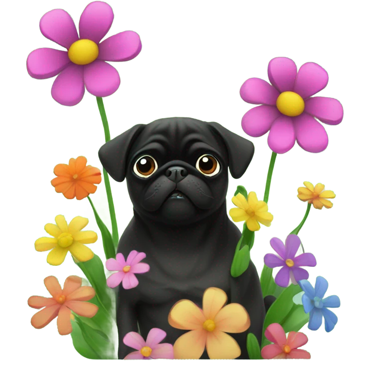 Black pug , surrounded by flowers, holding a green sign that says “good luck”  emoji