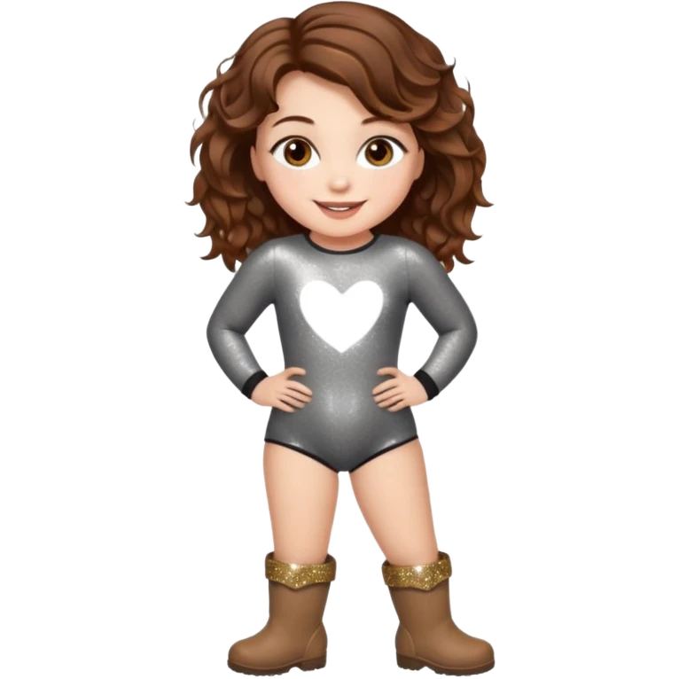 a beautiful girl with wavy volumes brown hazel hair, she has brown eyes and her face is unique, show her entire body she has big boobs and is so curvy make her wear  a body suit with uggs with a big smile and her eyes sparkly and all cute emoji