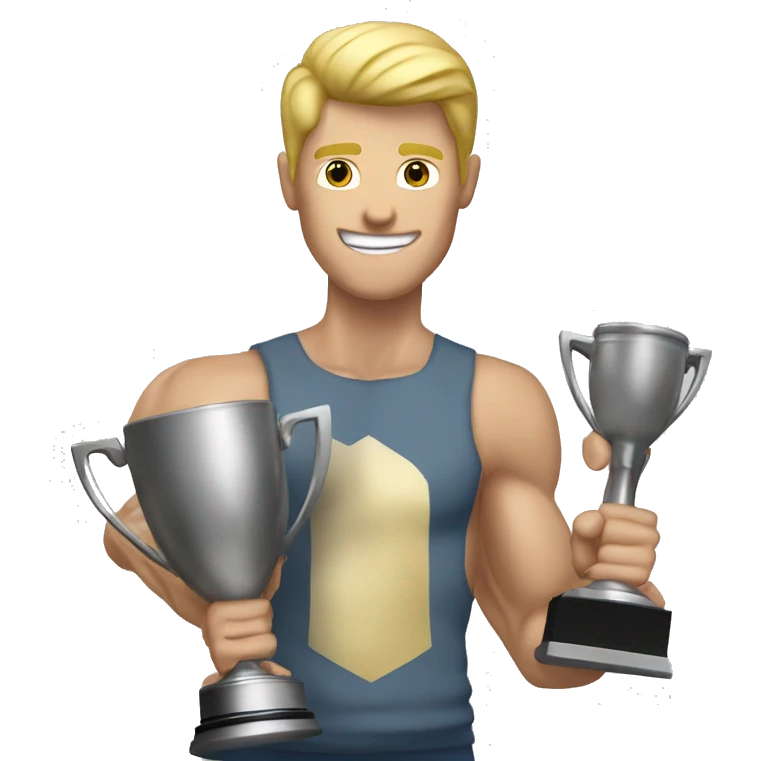 muscle blond man holding a trophie emoji
