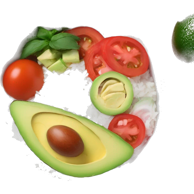 a big bowl with white rice, tomatoes, green sliced paprika, sliced avocado and pink joghurt emoji