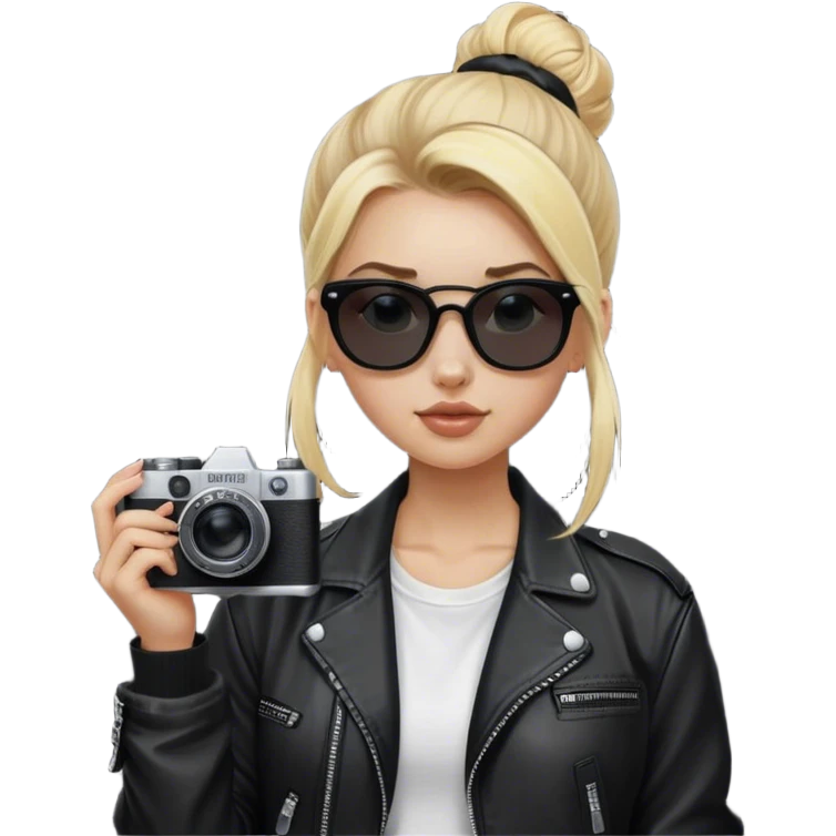 Blonde white girl with film camera wearing blackout sunglasses where you can’t see her eyes with a high bun. She’s wearing a white t shirt and a black baggy leather jacket. Givevh emoji