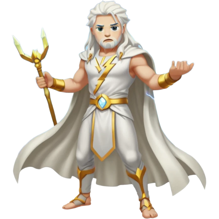 Zeus, whole body, white clothes, long white  hair, lightnings, determined face emoji