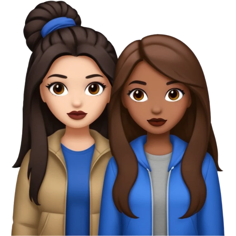 Boujy baddie best friends, trendy heavy makeup both dark hair one light skinned and one mocha brown pretty hair style  emoji