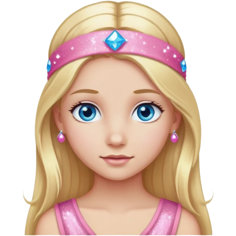 Girl with long blonde hair and blue eyes wearing a pink sparkly headband emoji