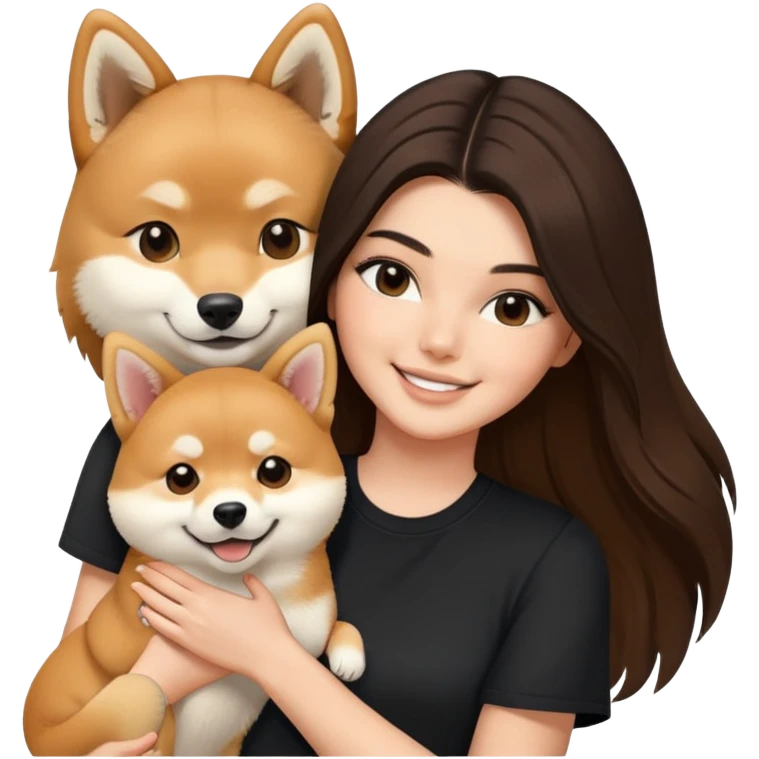 brunette Kendall Jenner with long hair holding on the hands a smile Shiba Inu wear on black shirt emoji