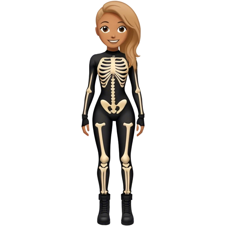 Melanie Brown wearing a tight skeleton bodysuit and black combat boots, smiling emoji