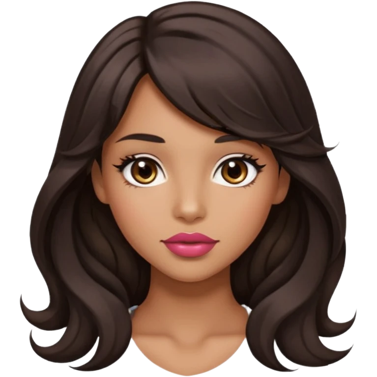 beautiful girl with black wavy long hair and side-swept bangs, tan skin, rose-coloured lips and hazel eyes who looks like a model emoji