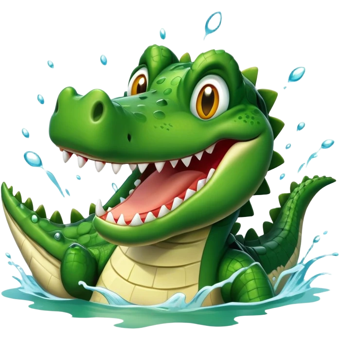 A crocodile with a happy face splashes in the water, showing off its big toothy grin emoji