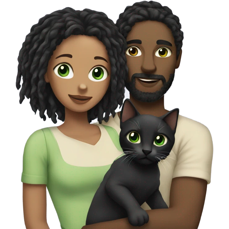 Man with dreadlocks holding a kitten with a woman with black hair and greens eyes emoji