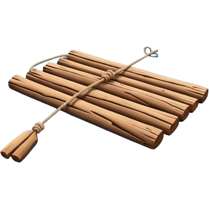 showing a simple wooden raft floating on calm blue water — made of several brown logs tied together with rope — gentle ripples around it — bright, cheerful lighting and soft shadows — minimalist, clean emoji design emoji