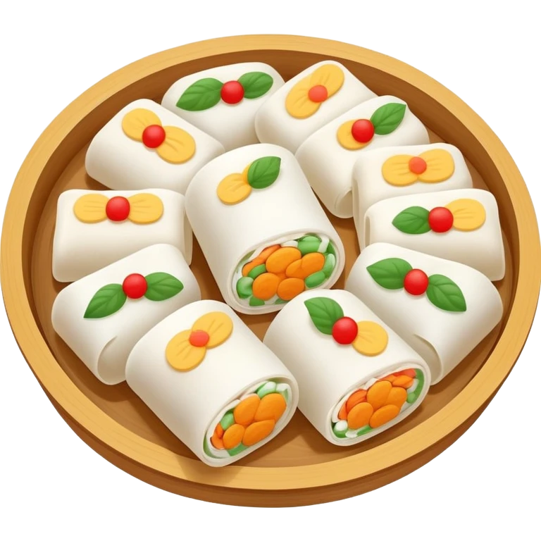 Hangzhou Pian Er Chuan steamed rice cake rolls with fillings, simplified emoji style with bold outlines and bright colors, cartoon style local specialty snack emoji