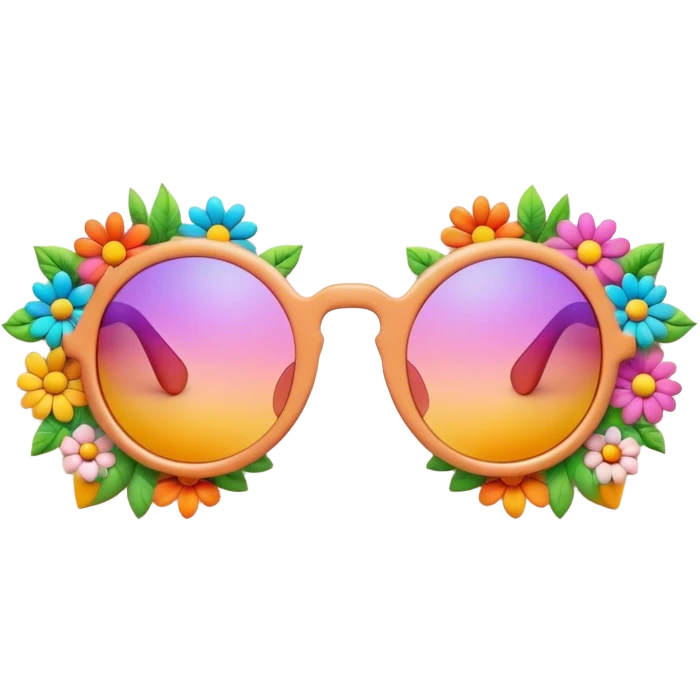 3D, psychedelic colored hippie sunglasses with hippie style flower border emoji