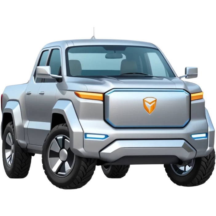 A futuristic electric pickup truck emoji, silver chrome body, angular cyber design, smooth metallic panels, subtle reflections, minimalistic proportions, iOS emoji style, centered composition, clean white background, soft lighting emoji