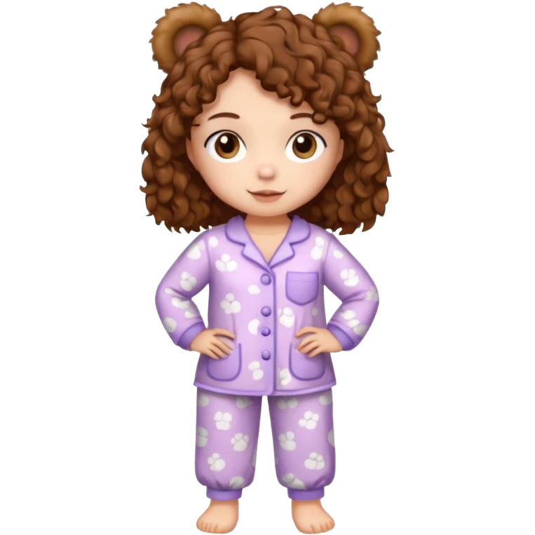 Woman with brown eyes, brown curly hair, white skin, full body in cute pijama bear emoji