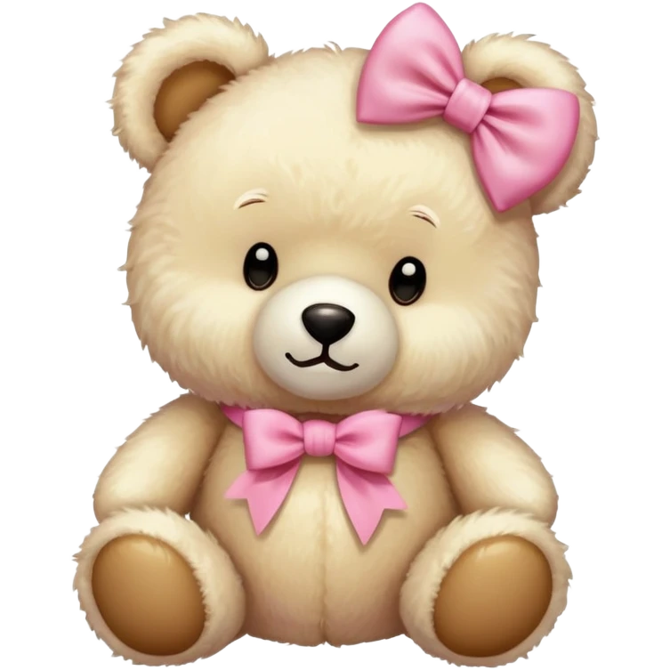 A cream teddy bear wearing a pink bow around his neck emoji