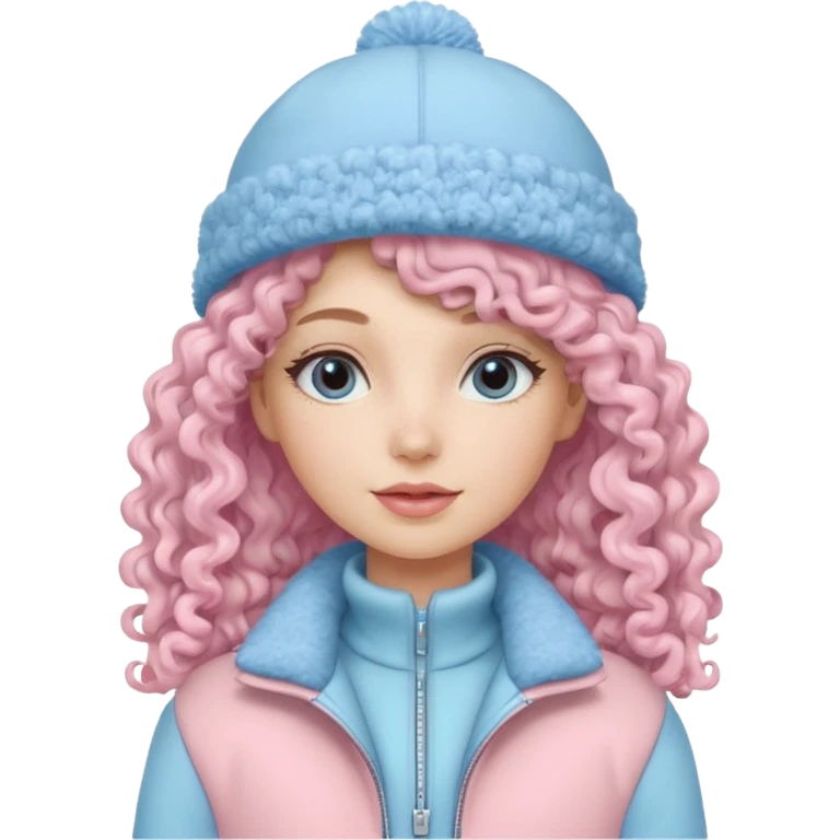 Curly long hair lady with pastel pink jacket and pastel blue winter hat emoji