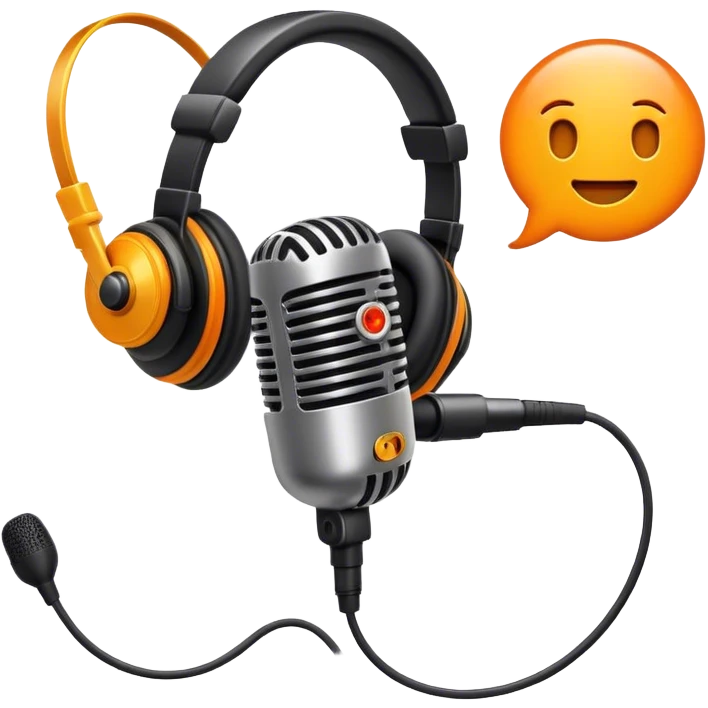 Create a dynamic and creative emoji that represents voiceover and dubbing. The design should feature a microphone, a pair of studio headphones, and sound waveforms to symbolize the recording and manipulation of voice. Add subtle details like a film reel or a speech bubble to represent the dubbing aspect. Use vibrant colors like orange, red, or purple to evoke energy and creativity in voiceover work. The background should be transparent. emoji