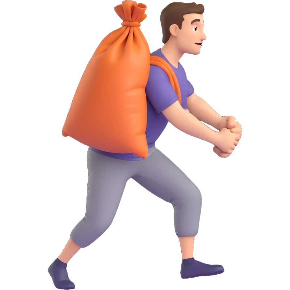 3D style man doing sack race, both hands gripping the sack, dynamic pose, transparent background emoji