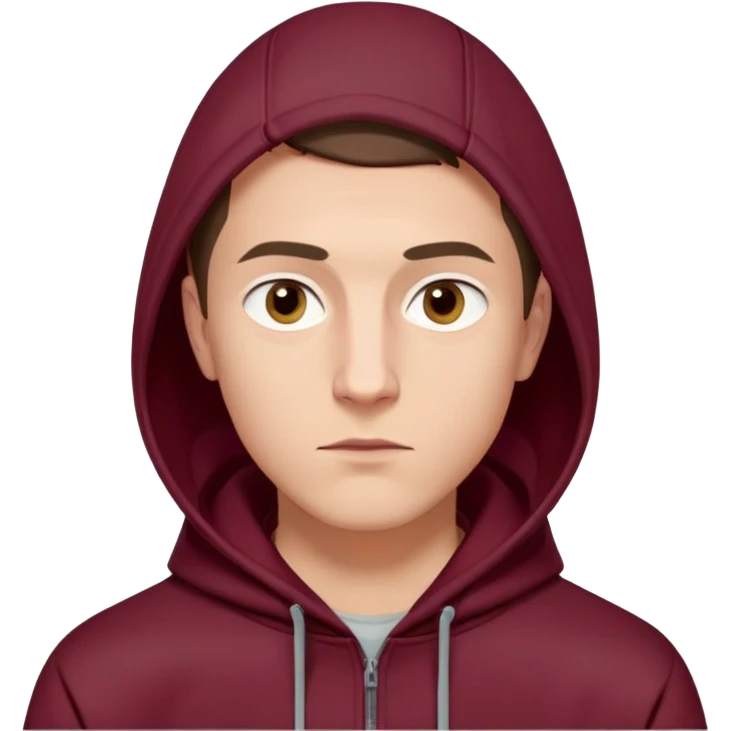 young European male with short buzzcut brown hair, smooth skin, wearing a maroon hoodie with the hood up, oval-shaped face, defined jawline, high cheekbones, sharp focused eyes under straight prominent eyebrows, calm neutral expression emoji