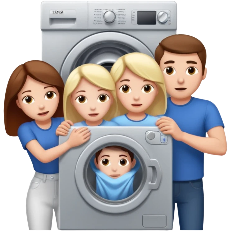 Eine Frau mit dem Kopf  in der Waschmaschine feststeckt und zwei Männer die hinten an ihr ziehen um ihr zu helfen  emoji