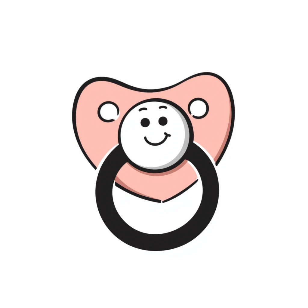 a baby pacifier with a ring and shield, in pastel colors dd9fb0, ffc6d3, a3bfc9, c4bee2, f1b091, detailed hand-drawn doodle style emoji
