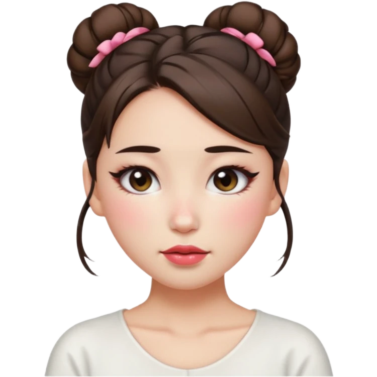“japanese style Emoji brunette girl hair in bun white top, dewy skin, heavy blush across cheeks and nose bridge, glossy cherry lips, soft eyeliner, teary sparkling eyes emoji