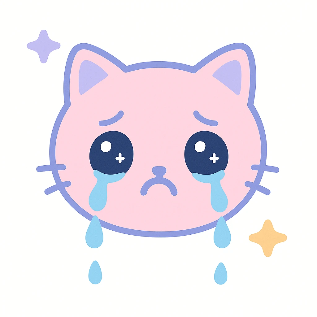 Make the sad cat emoji crying with big kawaii tears, pastel colors, with background, in the kawaii style. emoji