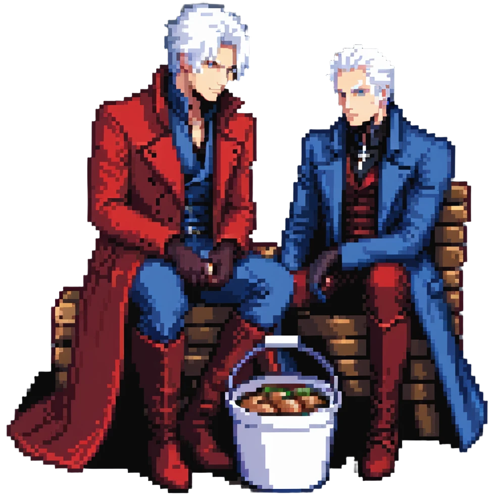 Dante and Vergil from Devil May Cry sitting together in a KFC family bucket, Dante in red coat, Vergil in blue coat, both with white hair emoji
