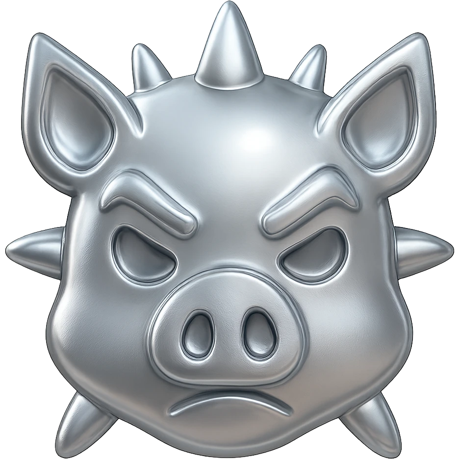 Make the pig mask much cuter with a completely metallic texture that is shiny and reflective. Keep the spikes but make them less menacing. Preserve the transparent background. emoji