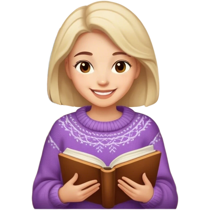Woman wearing a cozy sweater, smiling kindly, with book emoji