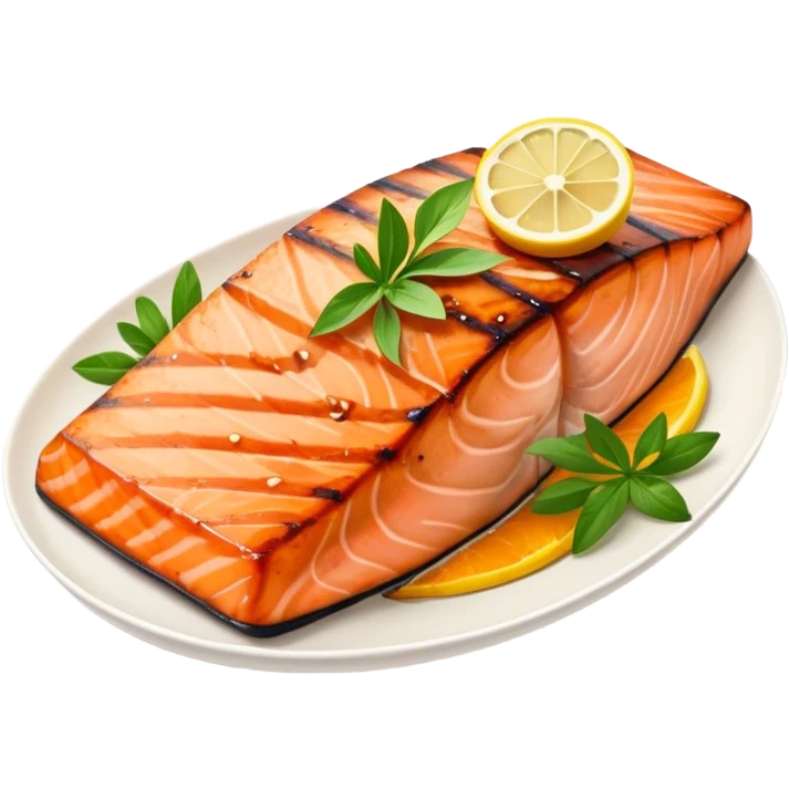 Cinematic perfectly grilled salmon, rich orange hues with crispy skin, garnished with fresh herbs, drizzled with lemon, ultra-detailed and delicious. emoji