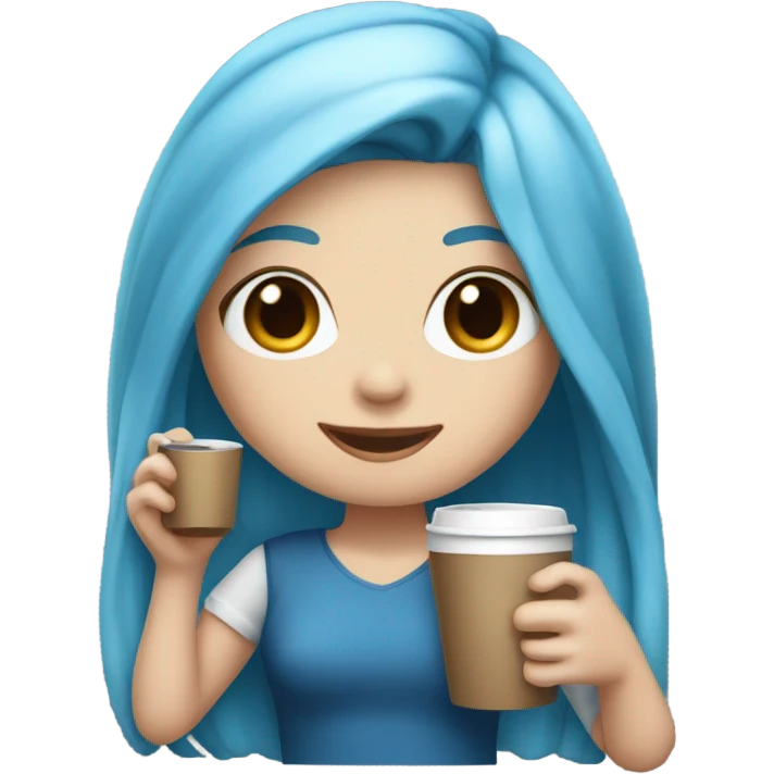 white skin girl with blue long hair drinking coffee emoji