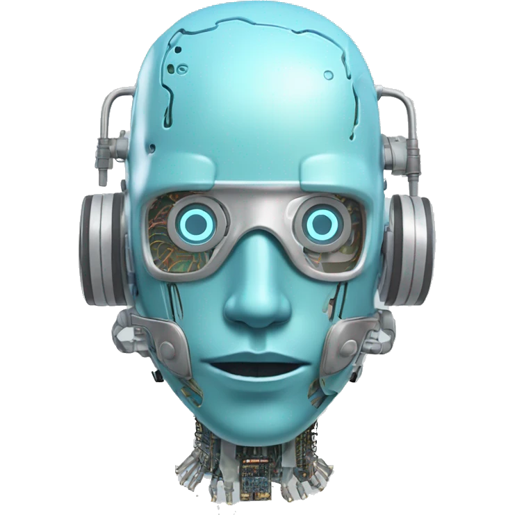 Pastel blue haired cyborg head with silver respirator mask and circuits emoji