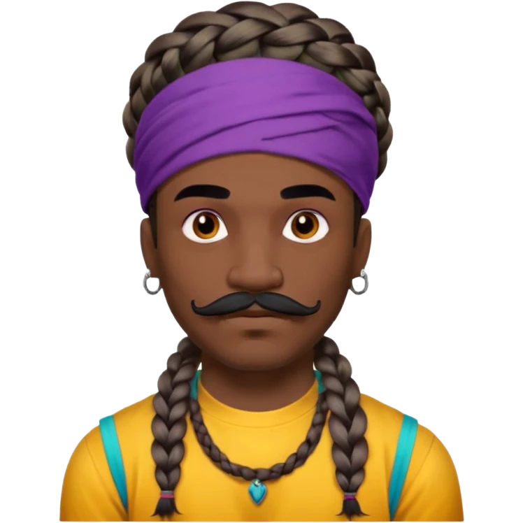 big lose braids starting from the top of the head man with mustache face wiith big visible braids and mono color headband on head  face and braids as big as headband and lots and lots of face tattoos colored tattoos like a tattoo artist hair unique color emoji