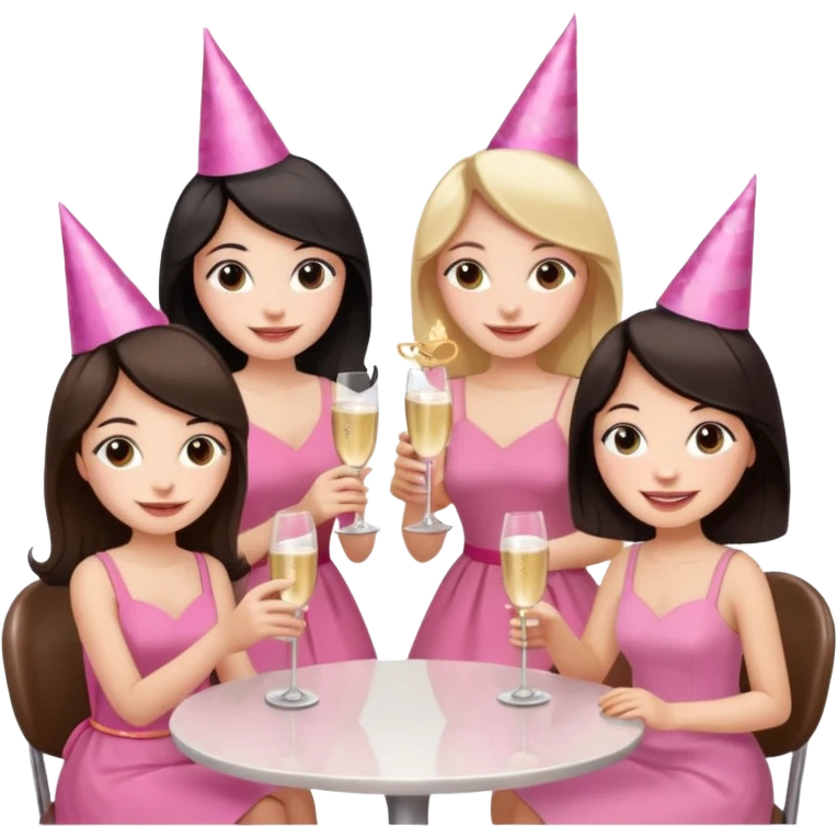 Девушка со светлыми волосами сидит в кафе весёлая с подружками у которых темные волосы в розовом платье они в праздничных колпаках и у них бокалы в руках emoji